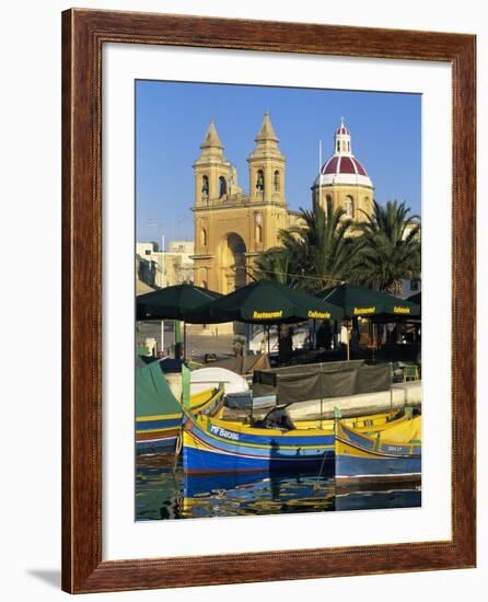 Harbour with Luzzu Fishing Boats and Marsaxlokk Parish Church, Marsaxlokk, Malta, Mediterranean, Eu-Stuart Black-Framed Photographic Print
