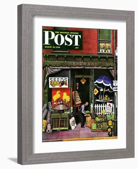 "Hardware Store at Springtime," Saturday Evening Post Cover, March 16, 1946-Stevan Dohanos-Framed Giclee Print