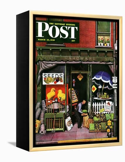 "Hardware Store at Springtime," Saturday Evening Post Cover, March 16, 1946-Stevan Dohanos-Framed Premier Image Canvas