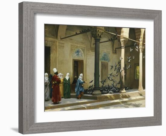 Harem Women Feeding Pigeons in a Courtyard-Jean Leon Gerome-Framed Giclee Print