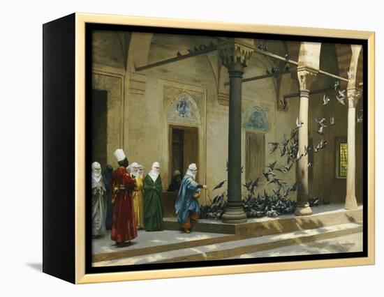 Harem Women Feeding Pigeons in a Courtyard-Jean Leon Gerome-Framed Premier Image Canvas