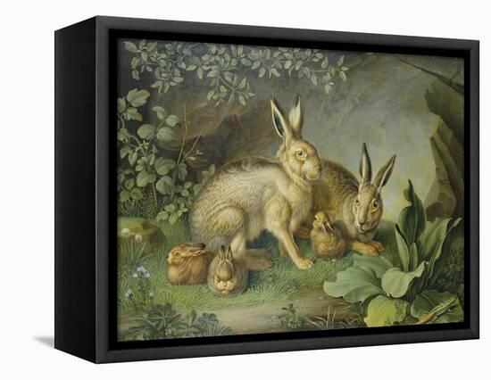 Hares and Leverets in a Rocky Lair-Johann Wenzel Peter-Framed Premier Image Canvas