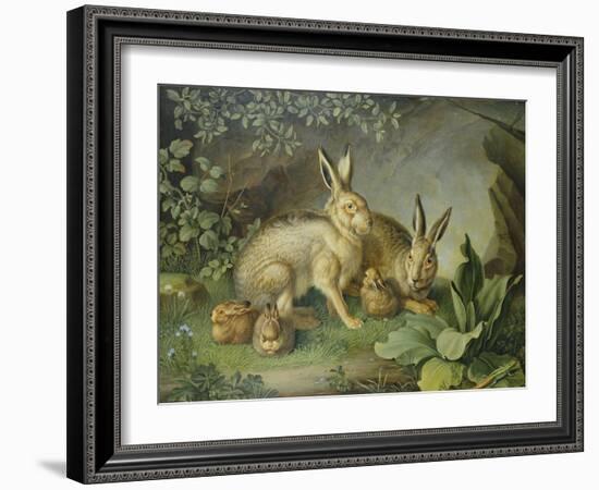 Hares and Leverets in a Rocky Lair-Johann Wenzel Peter-Framed Giclee Print