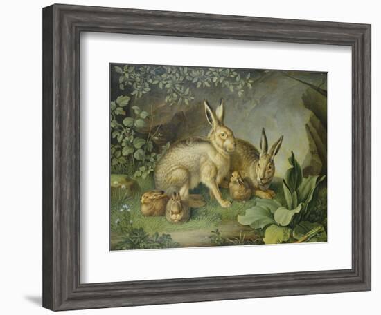 Hares and Leverets in a Rocky Lair-Johann Wenzel Peter-Framed Giclee Print