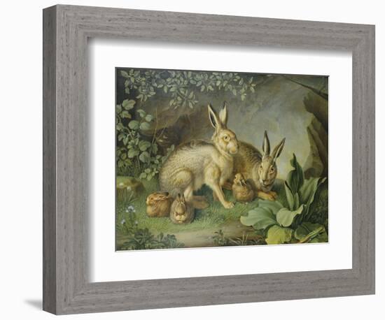 Hares and Leverets in a Rocky Lair-Johann Wenzel Peter-Framed Giclee Print