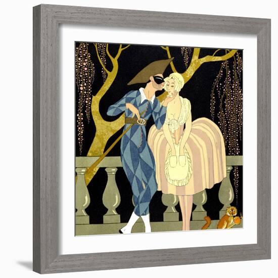 Harlequin's Kiss (W/C on Paper)-Georges Barbier-Framed Giclee Print