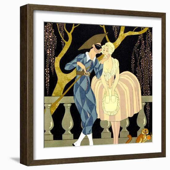 Harlequin's Kiss (W/C on Paper)-Georges Barbier-Framed Giclee Print