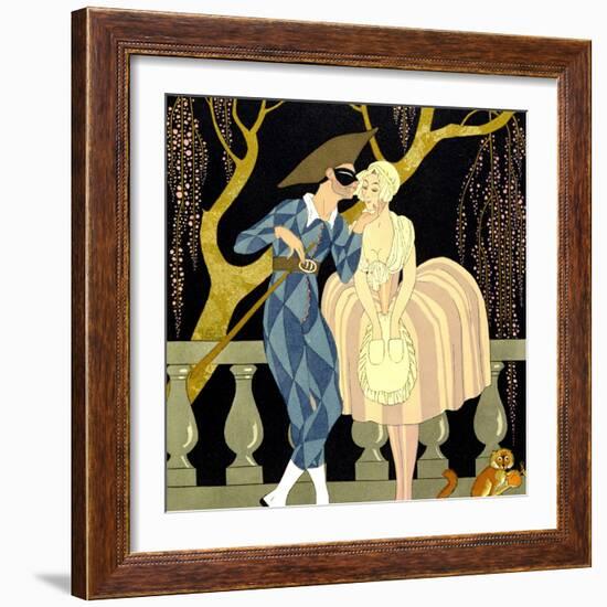Harlequin's Kiss (W/C on Paper)-Georges Barbier-Framed Giclee Print