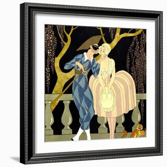 Harlequin's Kiss (W/C on Paper)-Georges Barbier-Framed Giclee Print