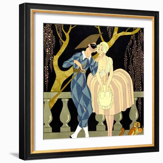 Harlequin's Kiss (W/C on Paper)-Georges Barbier-Framed Giclee Print