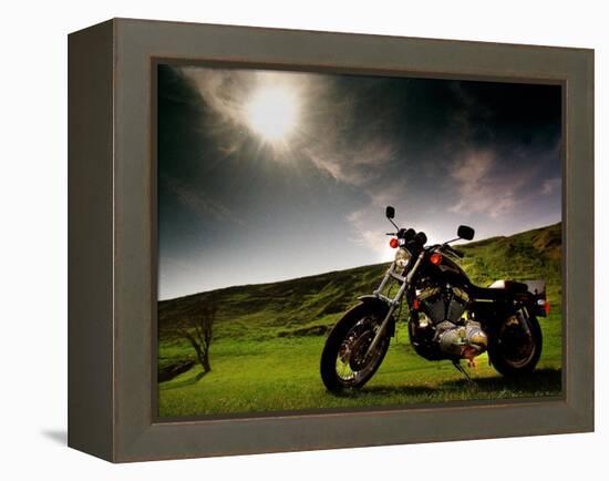 Harley Davidson Motorbike Sitting in Field, June 1998-null-Framed Premier Image Canvas