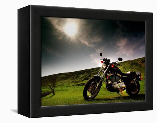 Harley Davidson Motorbike Sitting in Field, June 1998-null-Framed Premier Image Canvas