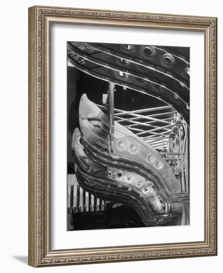 Harp-Shaped Steel String Frames in Racks Waiting to be Installed at the Steinway Piano Factory-Margaret Bourke-White-Framed Premium Photographic Print