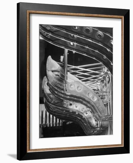 Harp-Shaped Steel String Frames in Racks Waiting to be Installed at the Steinway Piano Factory-Margaret Bourke-White-Framed Premium Photographic Print