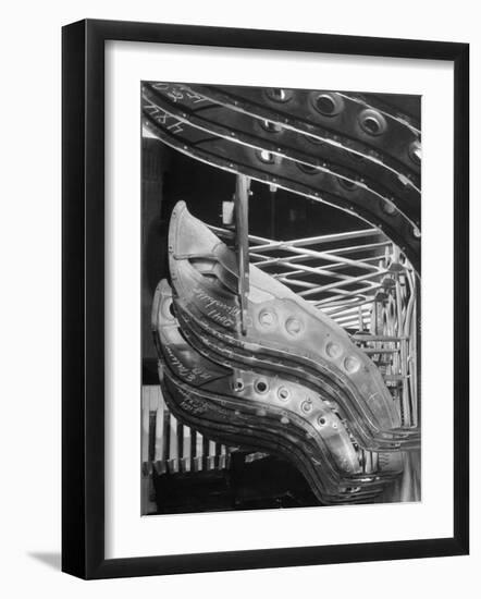 Harp-Shaped Steel String Frames in Racks Waiting to be Installed at the Steinway Piano Factory-Margaret Bourke-White-Framed Premium Photographic Print
