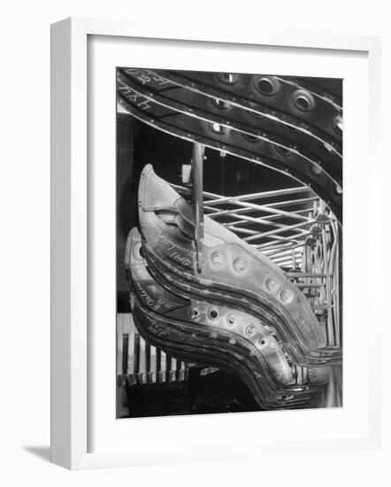 Harp-Shaped Steel String Frames in Racks Waiting to be Installed at the Steinway Piano Factory-Margaret Bourke-White-Framed Premium Photographic Print