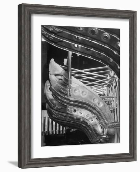 Harp-Shaped Steel String Frames in Racks Waiting to be Installed at the Steinway Piano Factory-Margaret Bourke-White-Framed Photographic Print