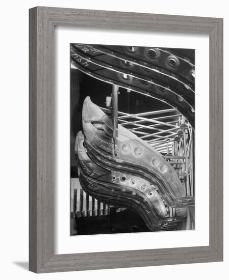 Harp-Shaped Steel String Frames in Racks Waiting to be Installed at the Steinway Piano Factory-Margaret Bourke-White-Framed Photographic Print