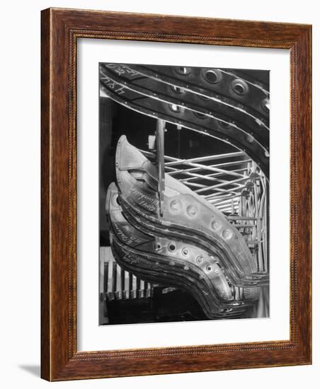 Harp-Shaped Steel String Frames in Racks Waiting to be Installed at the Steinway Piano Factory-Margaret Bourke-White-Framed Photographic Print