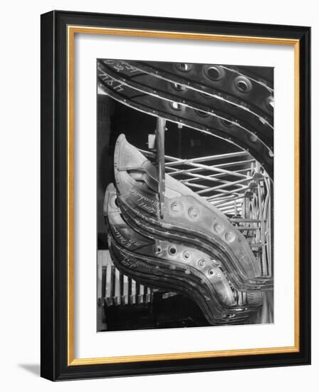 Harp-Shaped Steel String Frames in Racks Waiting to be Installed at the Steinway Piano Factory-Margaret Bourke-White-Framed Photographic Print