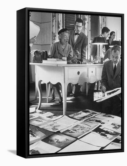 Harper's Bazaar Editor Carmel Snow Examining Some Layouts with Alevey Brodovitch, in Her Office-Walter Sanders-Framed Premier Image Canvas