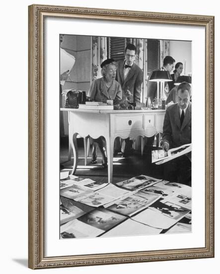 Harper's Bazaar Editor Carmel Snow Examining Some Layouts with Alevey Brodovitch, in Her Office-Walter Sanders-Framed Premium Photographic Print