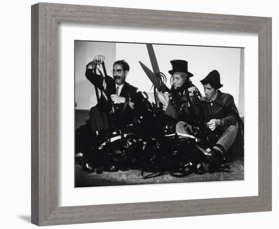 Harpo Marx, the Marx Brothers, Chico Marx, Groucho Marx, 1935-null-Framed Photographic Print