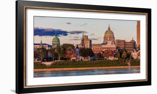 HARRISBURG, PENNSYLVANIA, City skyline and State Capitol shot at dusk from Susquehanna River-null-Framed Photographic Print