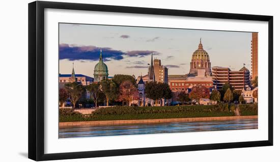 HARRISBURG, PENNSYLVANIA, City skyline and State Capitol shot at dusk from Susquehanna River-null-Framed Photographic Print