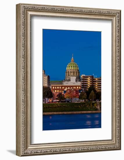 HARRISBURG, PENNSYLVANIA, City skyline and State Capitol shot at dusk from Susquehanna River-null-Framed Photographic Print