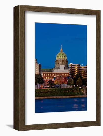 HARRISBURG, PENNSYLVANIA, City skyline and State Capitol shot at dusk from Susquehanna River-null-Framed Photographic Print