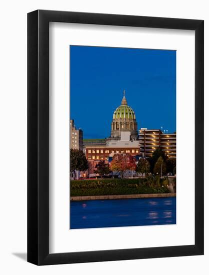 HARRISBURG, PENNSYLVANIA, City skyline and State Capitol shot at dusk from Susquehanna River-null-Framed Photographic Print