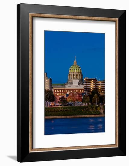 HARRISBURG, PENNSYLVANIA, City skyline and State Capitol shot at dusk from Susquehanna River-null-Framed Photographic Print