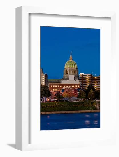 HARRISBURG, PENNSYLVANIA, City skyline and State Capitol shot at dusk from Susquehanna River-null-Framed Photographic Print