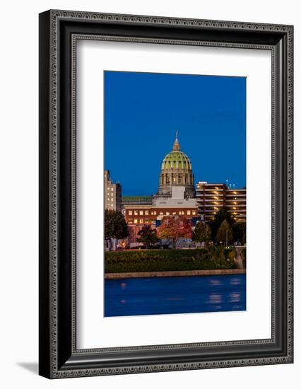 HARRISBURG, PENNSYLVANIA, City skyline and State Capitol shot at dusk from Susquehanna River-null-Framed Photographic Print