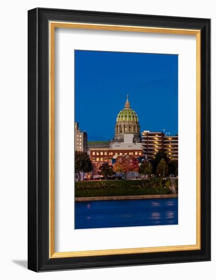 HARRISBURG, PENNSYLVANIA, City skyline and State Capitol shot at dusk from Susquehanna River-null-Framed Photographic Print