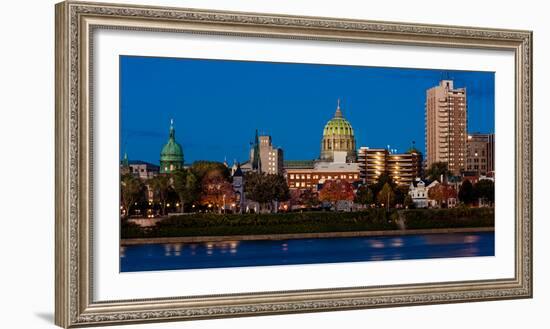 HARRISBURG, PENNSYLVANIA, City skyline and State Capitol shot at dusk from Susquehanna River-null-Framed Photographic Print