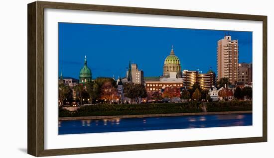 HARRISBURG, PENNSYLVANIA, City skyline and State Capitol shot at dusk from Susquehanna River-null-Framed Photographic Print