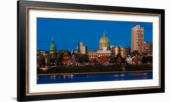 HARRISBURG, PENNSYLVANIA, City skyline and State Capitol shot at dusk from Susquehanna River-null-Framed Photographic Print