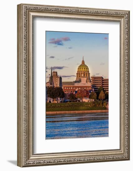 HARRISBURG, PENNSYLVANIA, City skyline and State Capitol shot at dusk from Susquehanna River-null-Framed Photographic Print