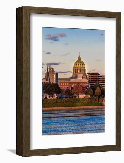 HARRISBURG, PENNSYLVANIA, City skyline and State Capitol shot at dusk from Susquehanna River-null-Framed Photographic Print