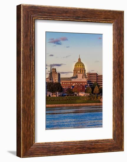 HARRISBURG, PENNSYLVANIA, City skyline and State Capitol shot at dusk from Susquehanna River-null-Framed Photographic Print