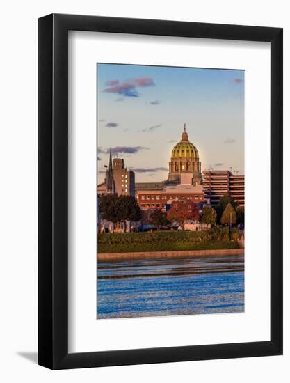 HARRISBURG, PENNSYLVANIA, City skyline and State Capitol shot at dusk from Susquehanna River-null-Framed Photographic Print