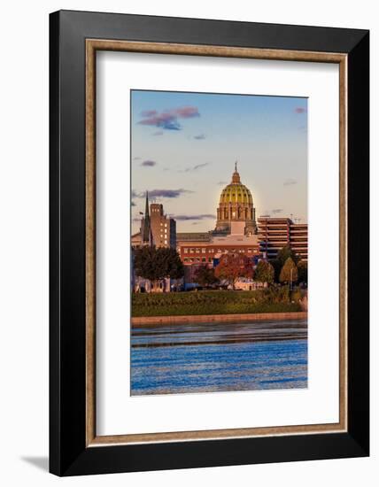 HARRISBURG, PENNSYLVANIA, City skyline and State Capitol shot at dusk from Susquehanna River-null-Framed Photographic Print