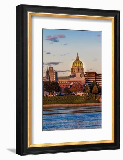 HARRISBURG, PENNSYLVANIA, City skyline and State Capitol shot at dusk from Susquehanna River-null-Framed Photographic Print