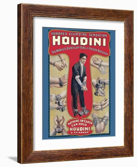 Harry Houdini - The World’s Handcuff King & Prison Breaker, Vintage Magic Poster, 1905-Pacifica Island Art-Framed Art Print