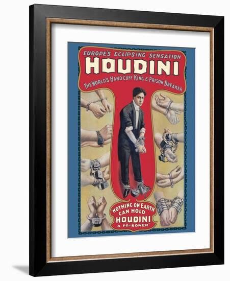 Harry Houdini - The World’s Handcuff King & Prison Breaker, Vintage Magic Poster, 1905-Pacifica Island Art-Framed Art Print