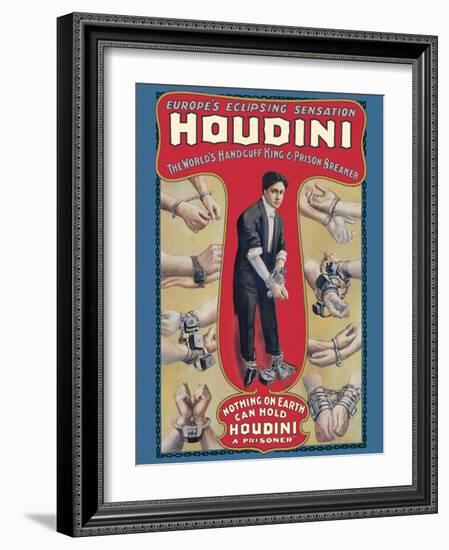 Harry Houdini - The World’s Handcuff King & Prison Breaker, Vintage Magic Poster, 1905-Pacifica Island Art-Framed Art Print