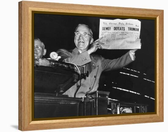 Harry Truman Jubilantly Displaying Erroneous Chicago Daily Tribune Headline "Dewey Defeats Truman"-W^ Eugene Smith-Framed Premier Image Canvas