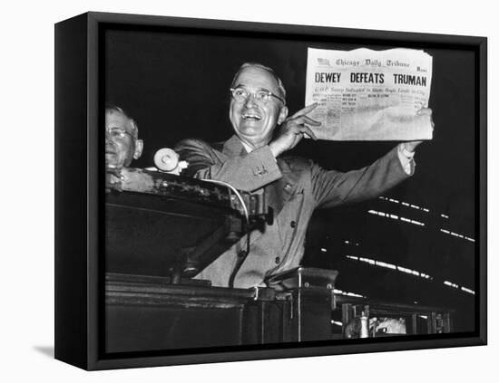 Harry Truman Jubilantly Displaying Erroneous Chicago Daily Tribune Headline "Dewey Defeats Truman"-W^ Eugene Smith-Framed Premier Image Canvas